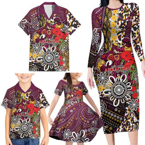 Brisbane Broncos ANZAC Day Family Matching Long Sleeve Bodycon Dress and Hawaiian Shirt Aboriginal Poppy Remembrance Rugby - Lest We Forget