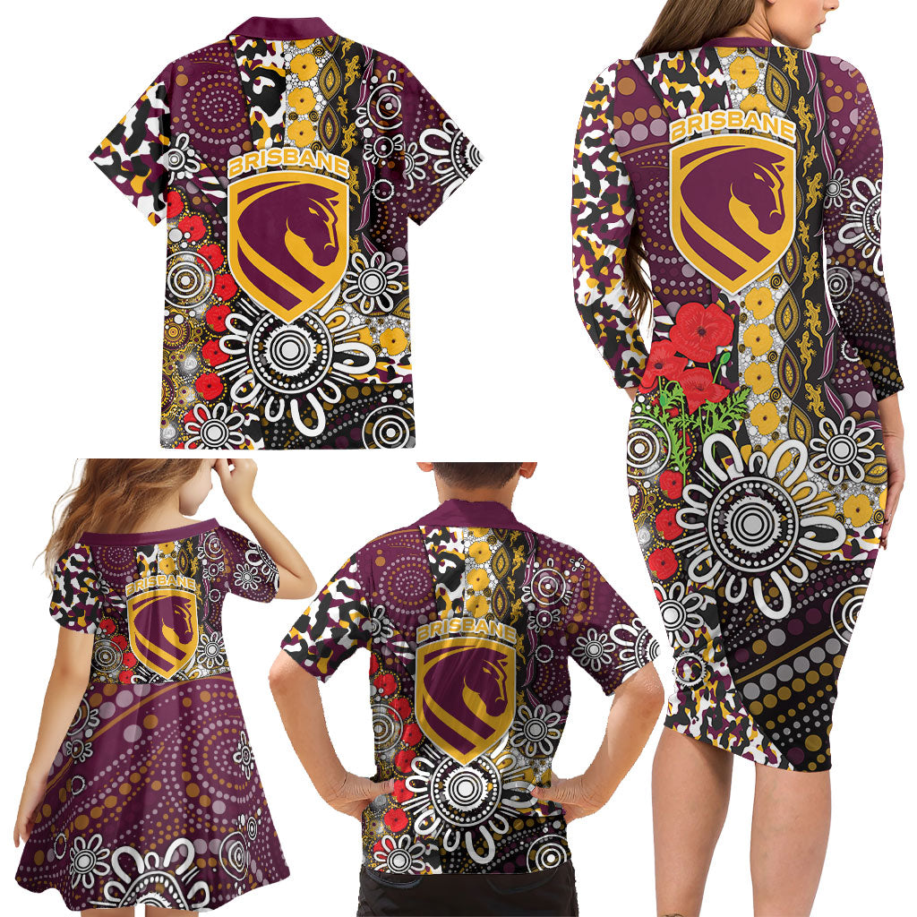 Brisbane Broncos ANZAC Day Family Matching Long Sleeve Bodycon Dress and Hawaiian Shirt Aboriginal Poppy Remembrance Rugby - Lest We Forget