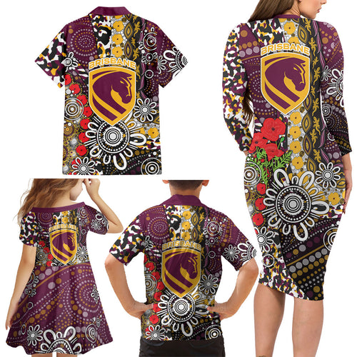 Brisbane Broncos ANZAC Day Family Matching Long Sleeve Bodycon Dress and Hawaiian Shirt Aboriginal Poppy Remembrance Rugby - Lest We Forget