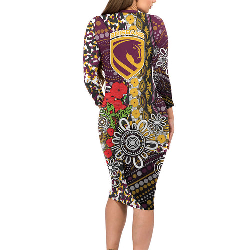 Brisbane Broncos ANZAC Day Family Matching Long Sleeve Bodycon Dress and Hawaiian Shirt Aboriginal Poppy Remembrance Rugby - Lest We Forget