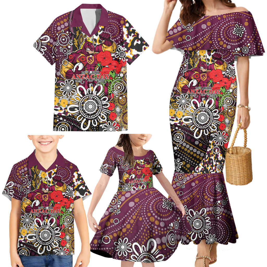 Brisbane Broncos ANZAC Day Family Matching Mermaid Dress and Hawaiian Shirt Aboriginal Poppy Remembrance Rugby - Lest We Forget