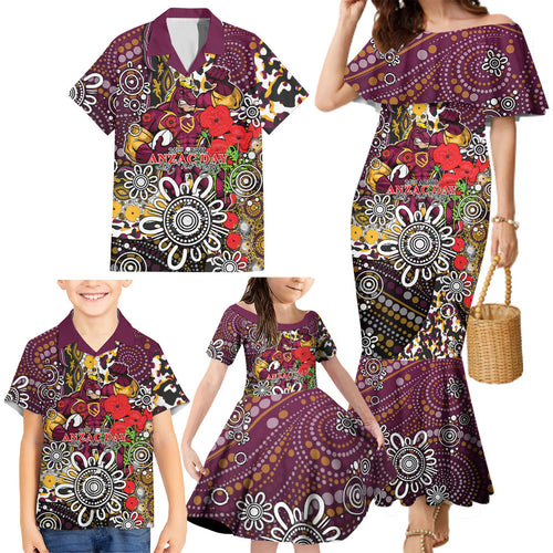Brisbane Broncos ANZAC Day Family Matching Mermaid Dress and Hawaiian Shirt Aboriginal Poppy Remembrance Rugby - Lest We Forget