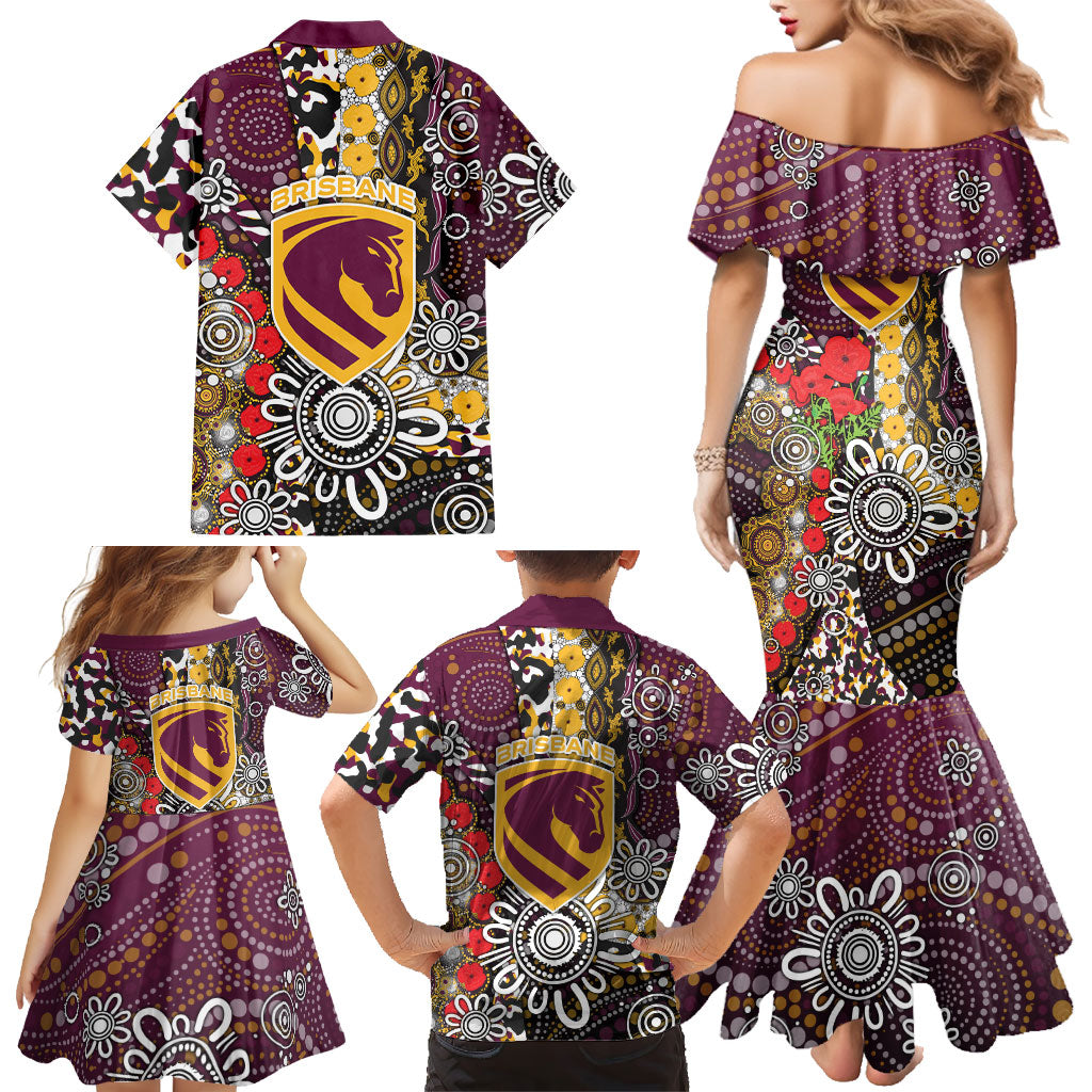 Brisbane Broncos ANZAC Day Family Matching Mermaid Dress and Hawaiian Shirt Aboriginal Poppy Remembrance Rugby - Lest We Forget