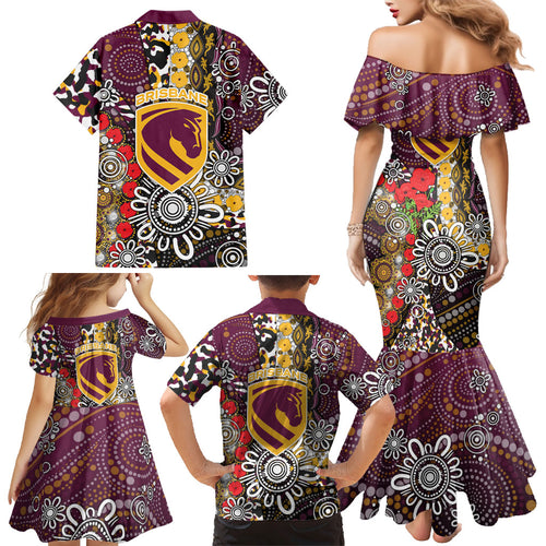 Brisbane Broncos ANZAC Day Family Matching Mermaid Dress and Hawaiian Shirt Aboriginal Poppy Remembrance Rugby - Lest We Forget