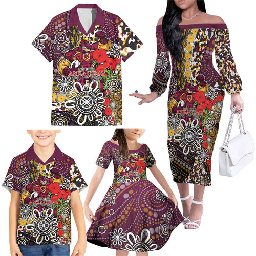 Brisbane Broncos ANZAC Day Family Matching Off The Shoulder Long Sleeve Dress and Hawaiian Shirt Aboriginal Poppy Remembrance Rugby - Lest We Forget
