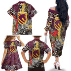 Brisbane Broncos ANZAC Day Family Matching Off The Shoulder Long Sleeve Dress and Hawaiian Shirt Aboriginal Poppy Remembrance Rugby - Lest We Forget