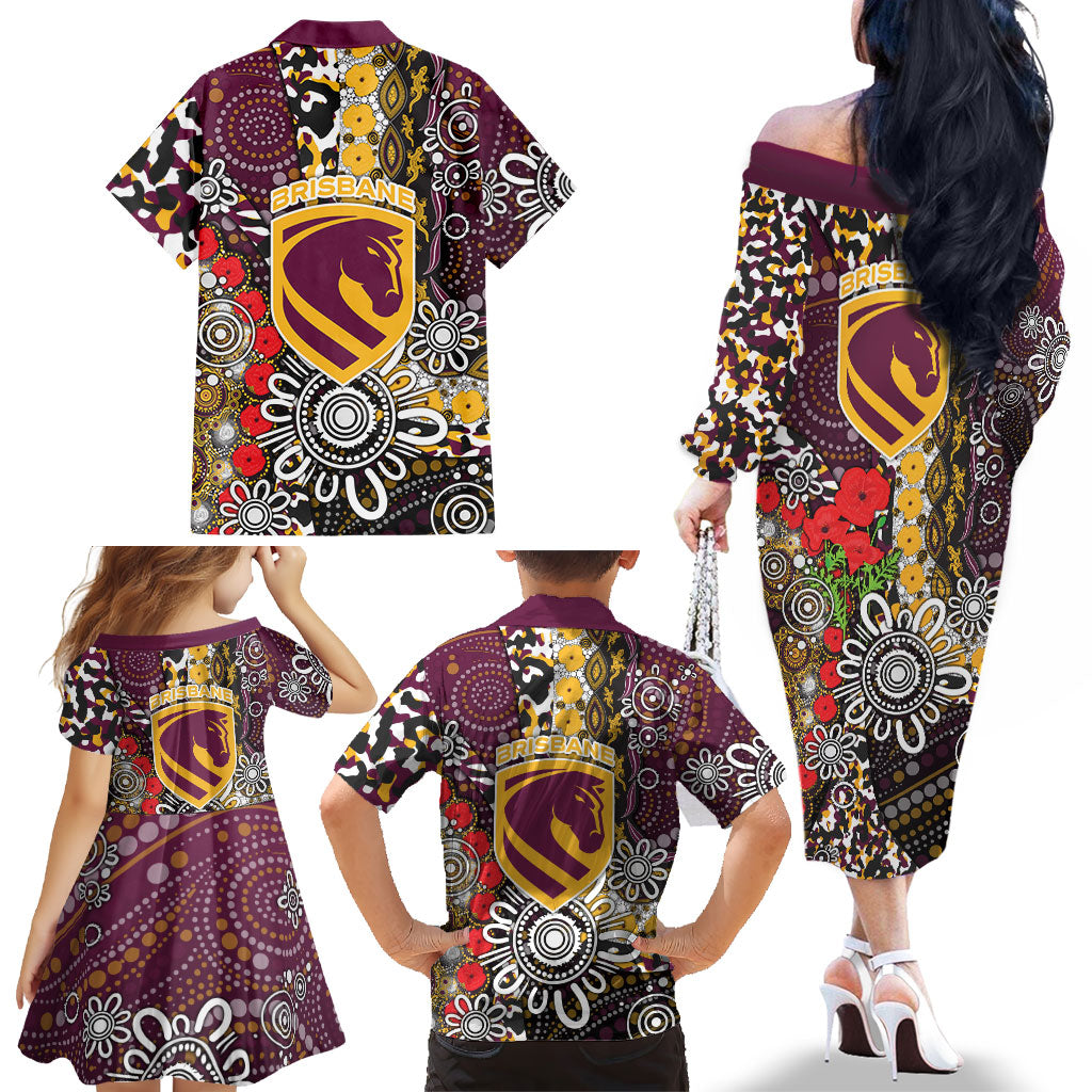 Brisbane Broncos ANZAC Day Family Matching Off The Shoulder Long Sleeve Dress and Hawaiian Shirt Aboriginal Poppy Remembrance Rugby - Lest We Forget