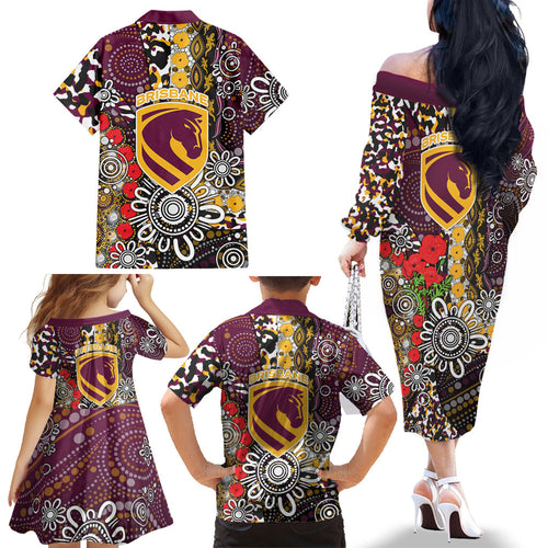 Brisbane Broncos ANZAC Day Family Matching Off The Shoulder Long Sleeve Dress and Hawaiian Shirt Aboriginal Poppy Remembrance Rugby - Lest We Forget