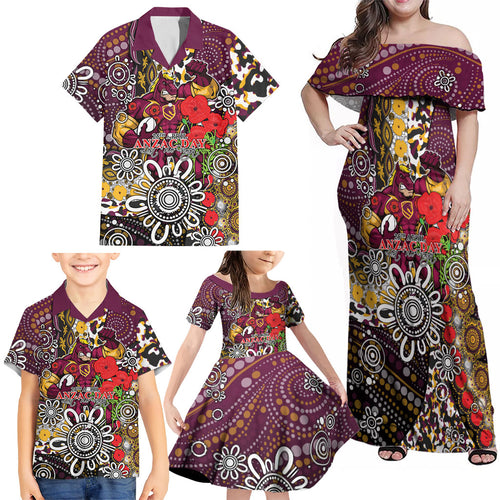 Brisbane Broncos ANZAC Day Family Matching Off Shoulder Maxi Dress and Hawaiian Shirt Aboriginal Poppy Remembrance Rugby - Lest We Forget
