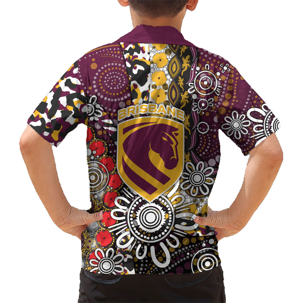 Brisbane Broncos ANZAC Day Family Matching Off Shoulder Maxi Dress and Hawaiian Shirt Aboriginal Poppy Remembrance Rugby - Lest We Forget