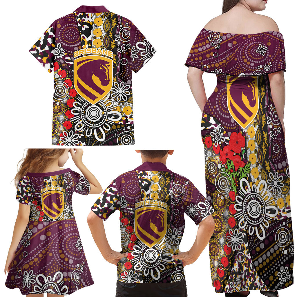 Brisbane Broncos ANZAC Day Family Matching Off Shoulder Maxi Dress and Hawaiian Shirt Aboriginal Poppy Remembrance Rugby - Lest We Forget