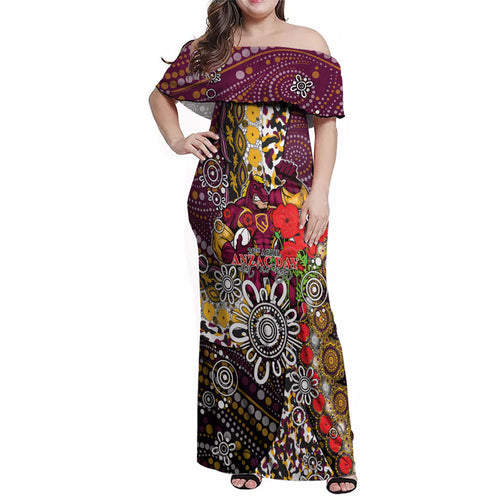 Brisbane Broncos ANZAC Day Family Matching Off Shoulder Maxi Dress and Hawaiian Shirt Aboriginal Poppy Remembrance Rugby - Lest We Forget