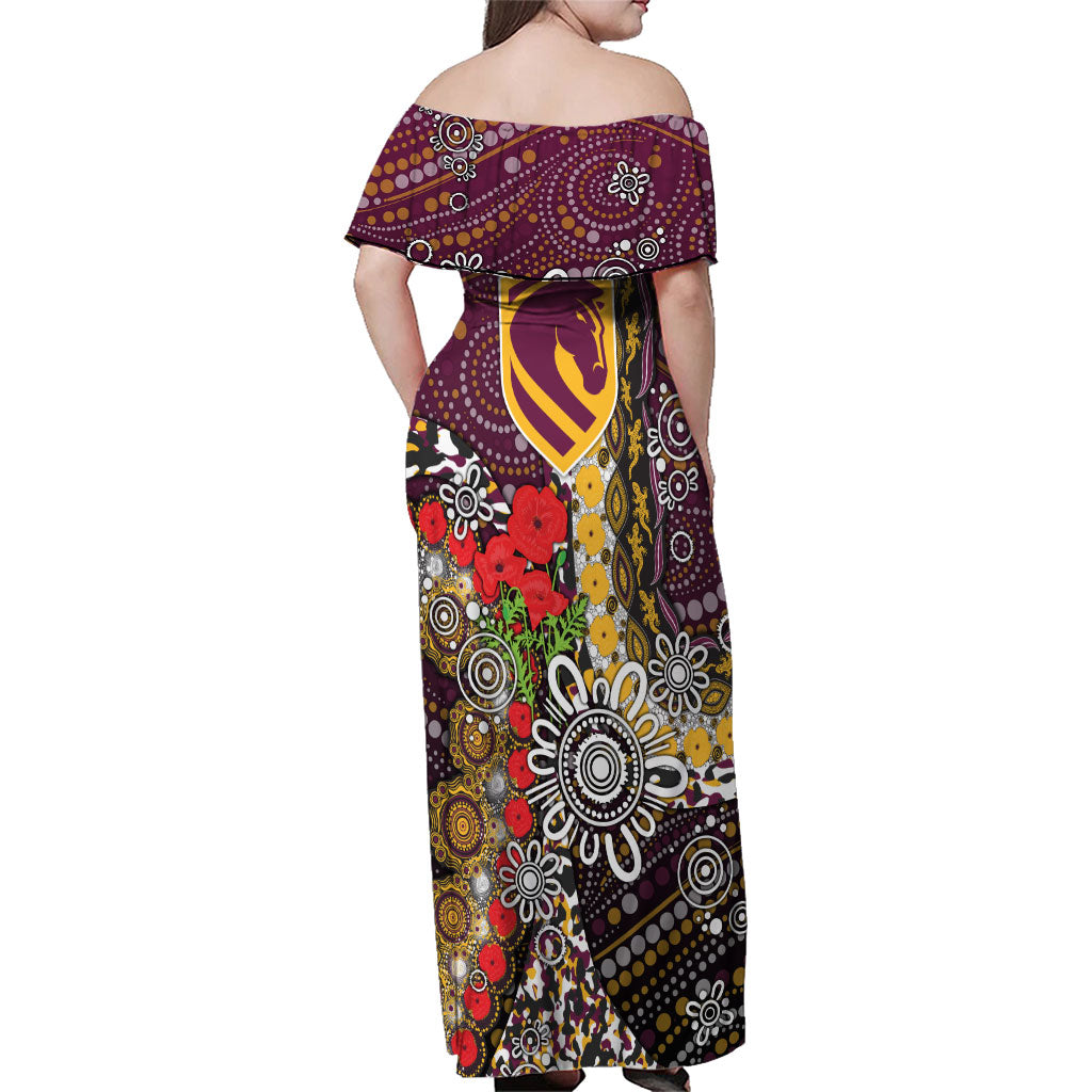 Brisbane Broncos ANZAC Day Family Matching Off Shoulder Maxi Dress and Hawaiian Shirt Aboriginal Poppy Remembrance Rugby - Lest We Forget