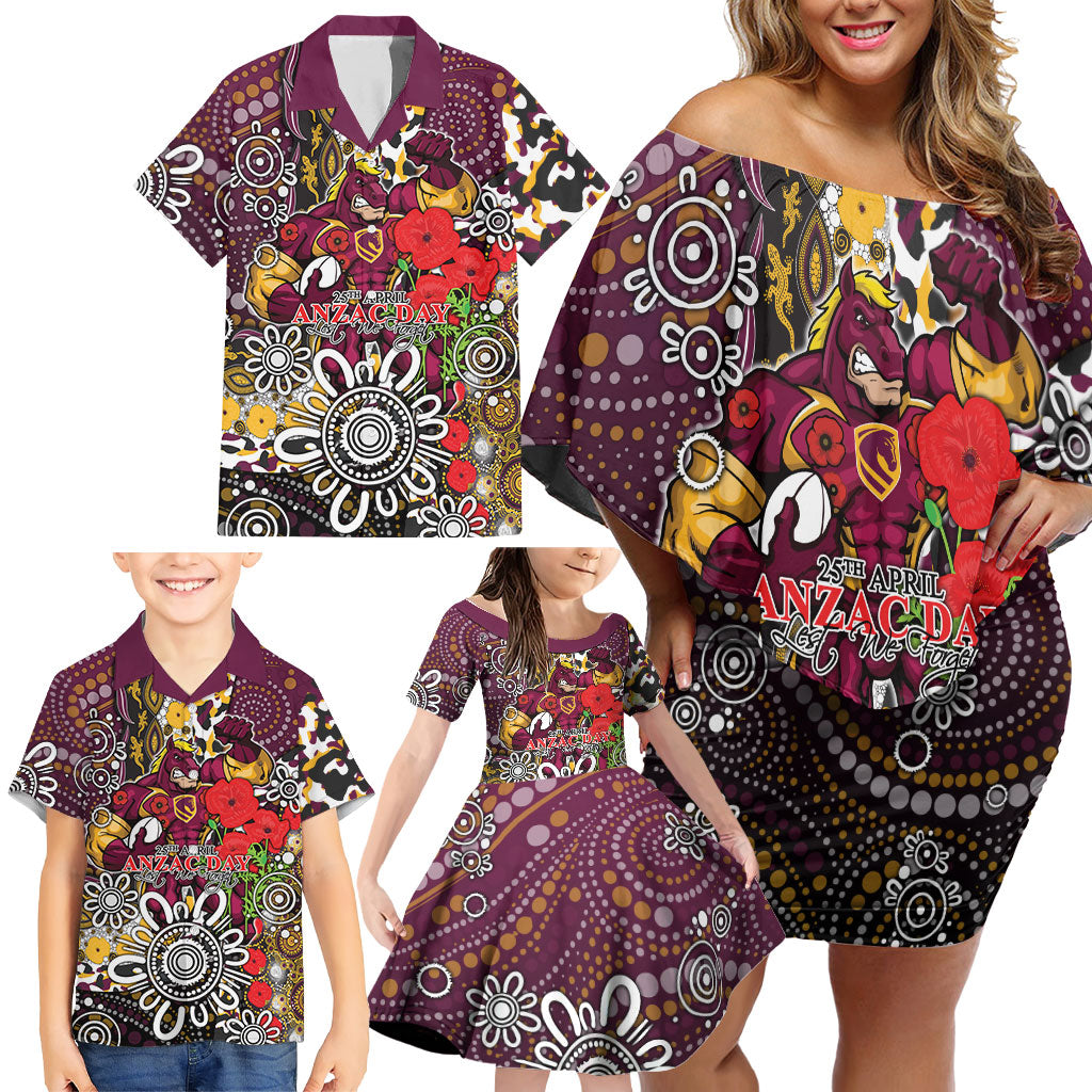 Brisbane Broncos ANZAC Day Family Matching Off Shoulder Short Dress and Hawaiian Shirt Aboriginal Poppy Remembrance Rugby - Lest We Forget