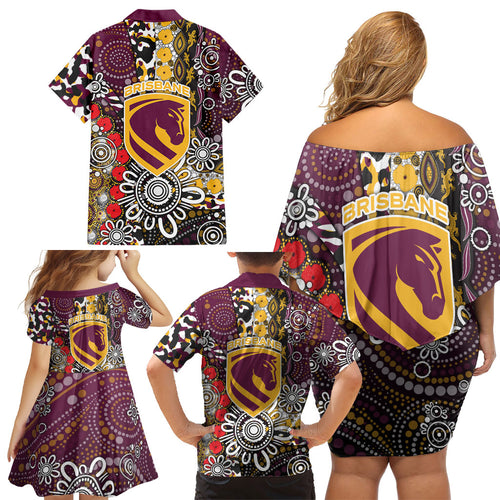 Brisbane Broncos ANZAC Day Family Matching Off Shoulder Short Dress and Hawaiian Shirt Aboriginal Poppy Remembrance Rugby - Lest We Forget