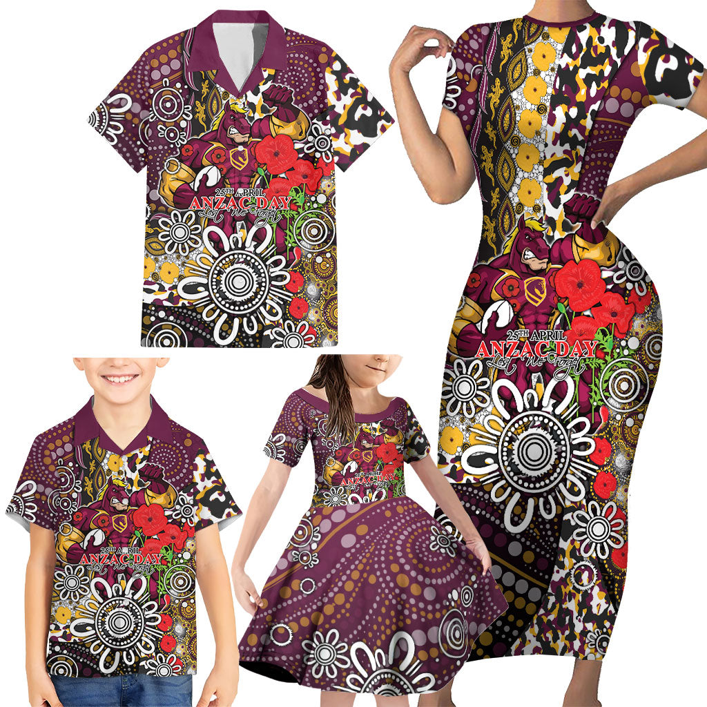 Brisbane Broncos ANZAC Day Family Matching Short Sleeve Bodycon Dress and Hawaiian Shirt Aboriginal Poppy Remembrance Rugby - Lest We Forget