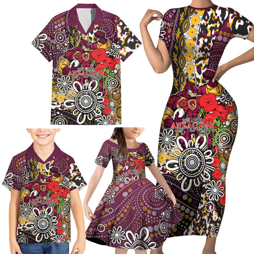 Brisbane Broncos ANZAC Day Family Matching Short Sleeve Bodycon Dress and Hawaiian Shirt Aboriginal Poppy Remembrance Rugby - Lest We Forget