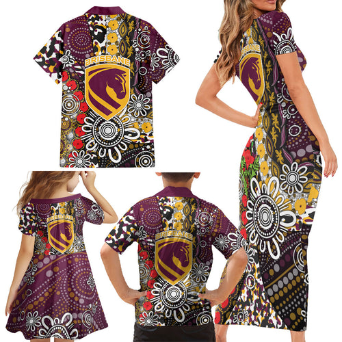 Brisbane Broncos ANZAC Day Family Matching Short Sleeve Bodycon Dress and Hawaiian Shirt Aboriginal Poppy Remembrance Rugby - Lest We Forget
