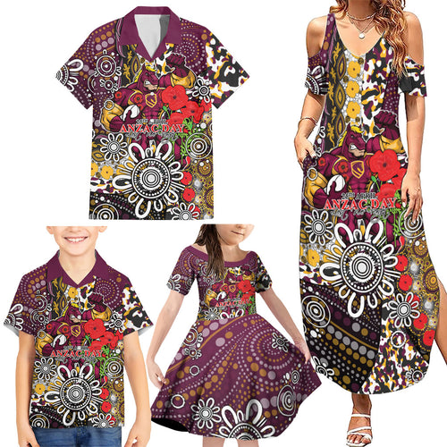 Brisbane Broncos ANZAC Day Family Matching Summer Maxi Dress and Hawaiian Shirt Aboriginal Poppy Remembrance Rugby - Lest We Forget