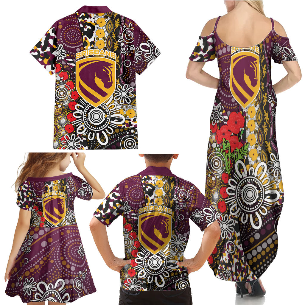 Brisbane Broncos ANZAC Day Family Matching Summer Maxi Dress and Hawaiian Shirt Aboriginal Poppy Remembrance Rugby - Lest We Forget