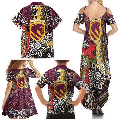 Brisbane Broncos ANZAC Day Family Matching Summer Maxi Dress and Hawaiian Shirt Aboriginal Poppy Remembrance Rugby - Lest We Forget