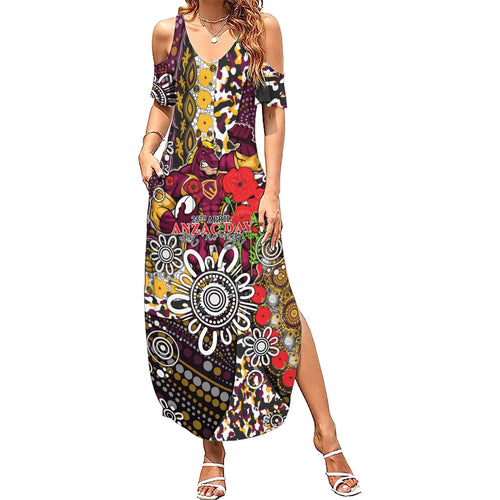Brisbane Broncos ANZAC Day Family Matching Summer Maxi Dress and Hawaiian Shirt Aboriginal Poppy Remembrance Rugby - Lest We Forget