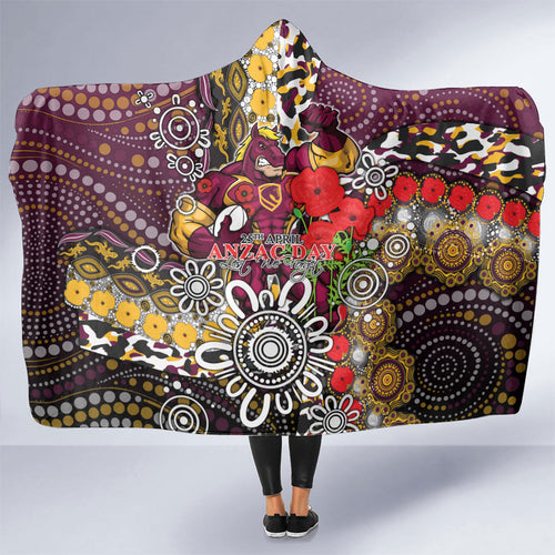 Brisbane Broncos ANZAC Day Hooded Blanket Aboriginal Poppy Remembrance Rugby - Lest We Forget