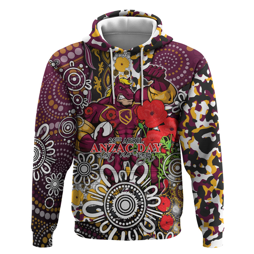 Brisbane Broncos ANZAC Day Hoodie Aboriginal Poppy Remembrance Rugby - Lest We Forget