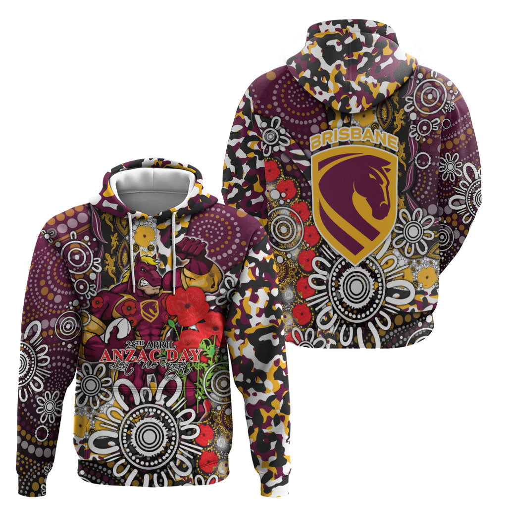 Brisbane Broncos ANZAC Day Hoodie Aboriginal Poppy Remembrance Rugby - Lest We Forget