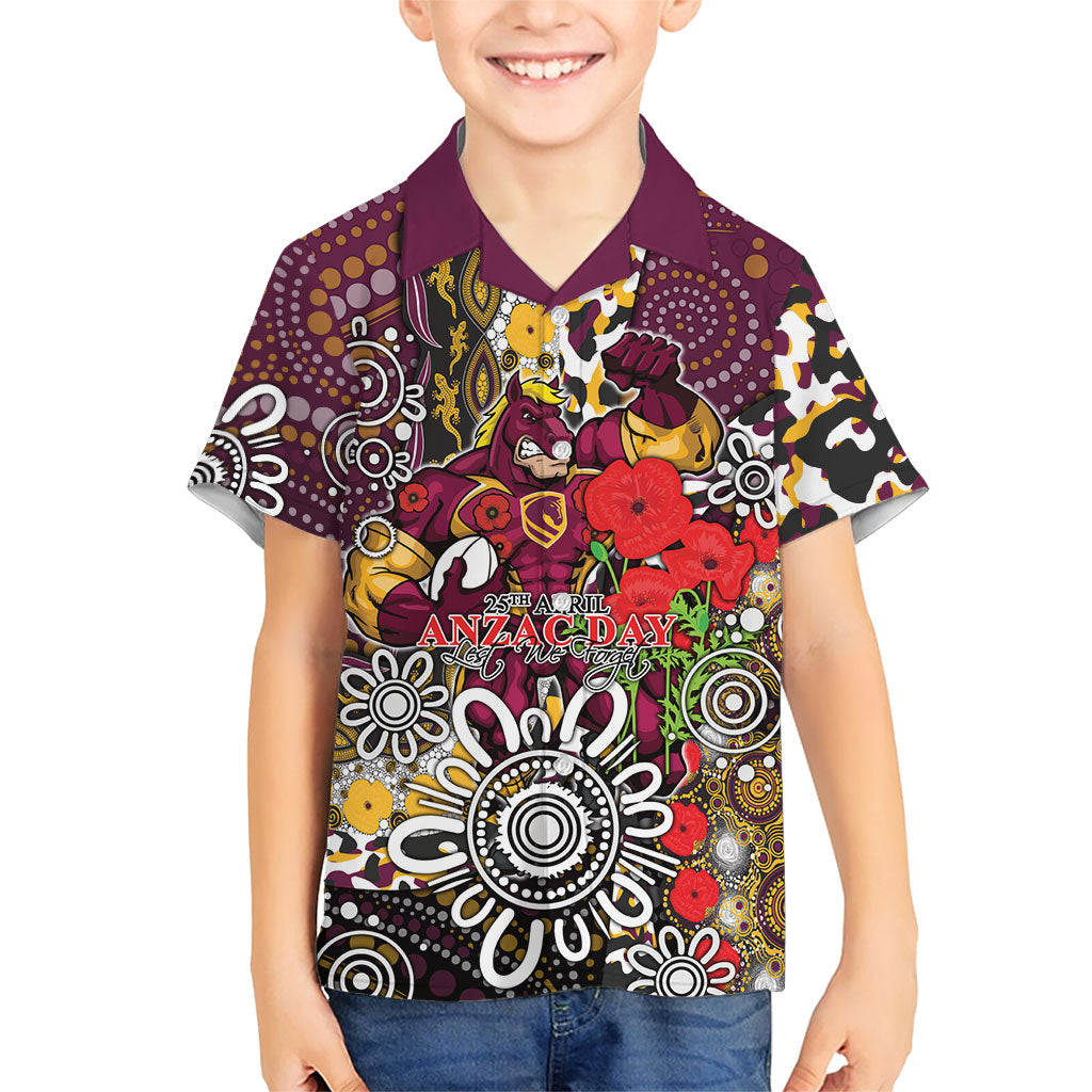 Brisbane Broncos ANZAC Day Kid Hawaiian Shirt Aboriginal Poppy Remembrance Rugby - Lest We Forget