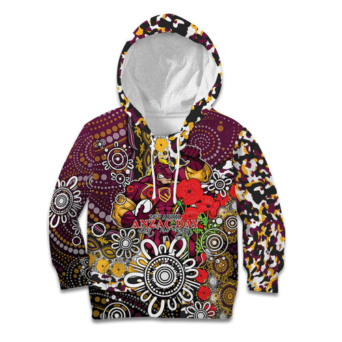 Brisbane Broncos ANZAC Day Kid Hoodie Aboriginal Poppy Remembrance Rugby - Lest We Forget