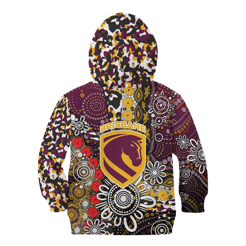 Brisbane Broncos ANZAC Day Kid Hoodie Aboriginal Poppy Remembrance Rugby - Lest We Forget