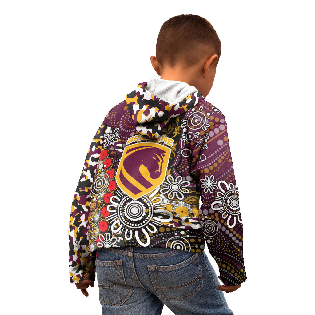 Brisbane Broncos ANZAC Day Kid Hoodie Aboriginal Poppy Remembrance Rugby - Lest We Forget
