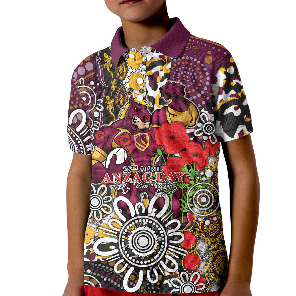 Brisbane Broncos ANZAC Day Kid Polo Shirt Aboriginal Poppy Remembrance Rugby - Lest We Forget