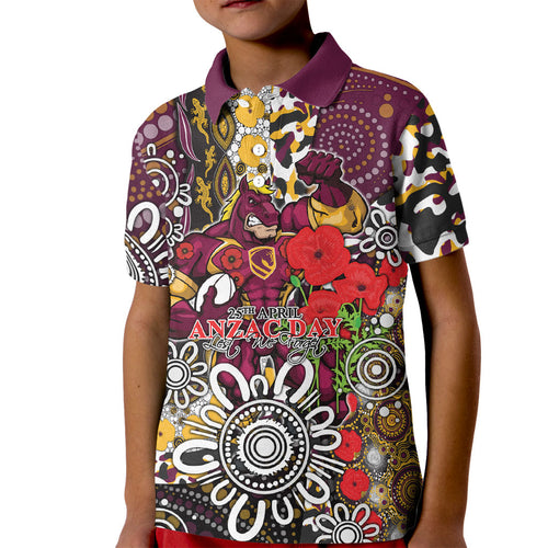 Brisbane Broncos ANZAC Day Kid Polo Shirt Aboriginal Poppy Remembrance Rugby - Lest We Forget