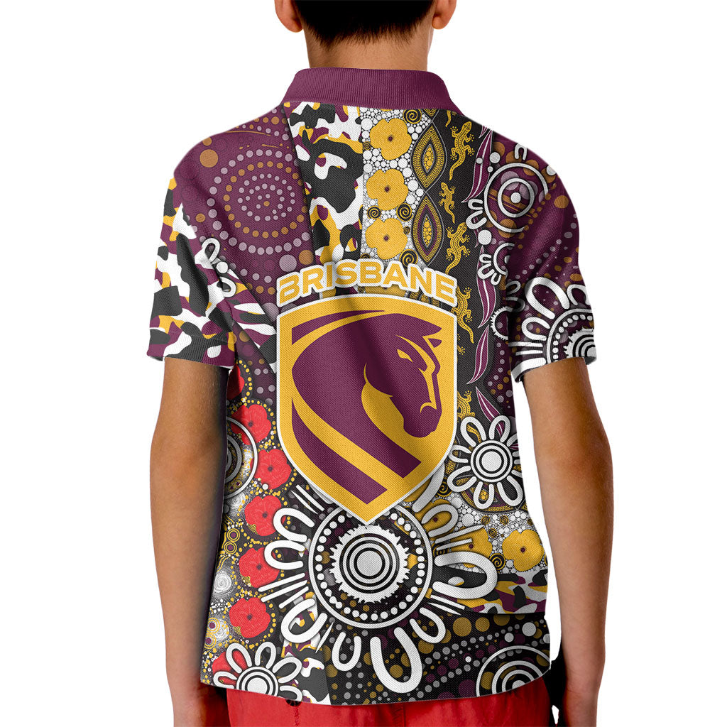 Brisbane Broncos ANZAC Day Kid Polo Shirt Aboriginal Poppy Remembrance Rugby - Lest We Forget