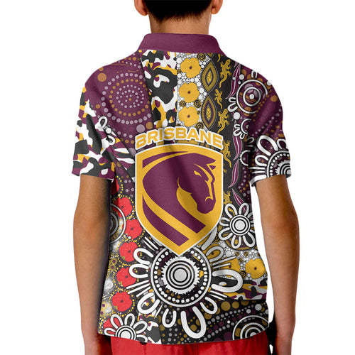 Brisbane Broncos ANZAC Day Kid Polo Shirt Aboriginal Poppy Remembrance Rugby - Lest We Forget