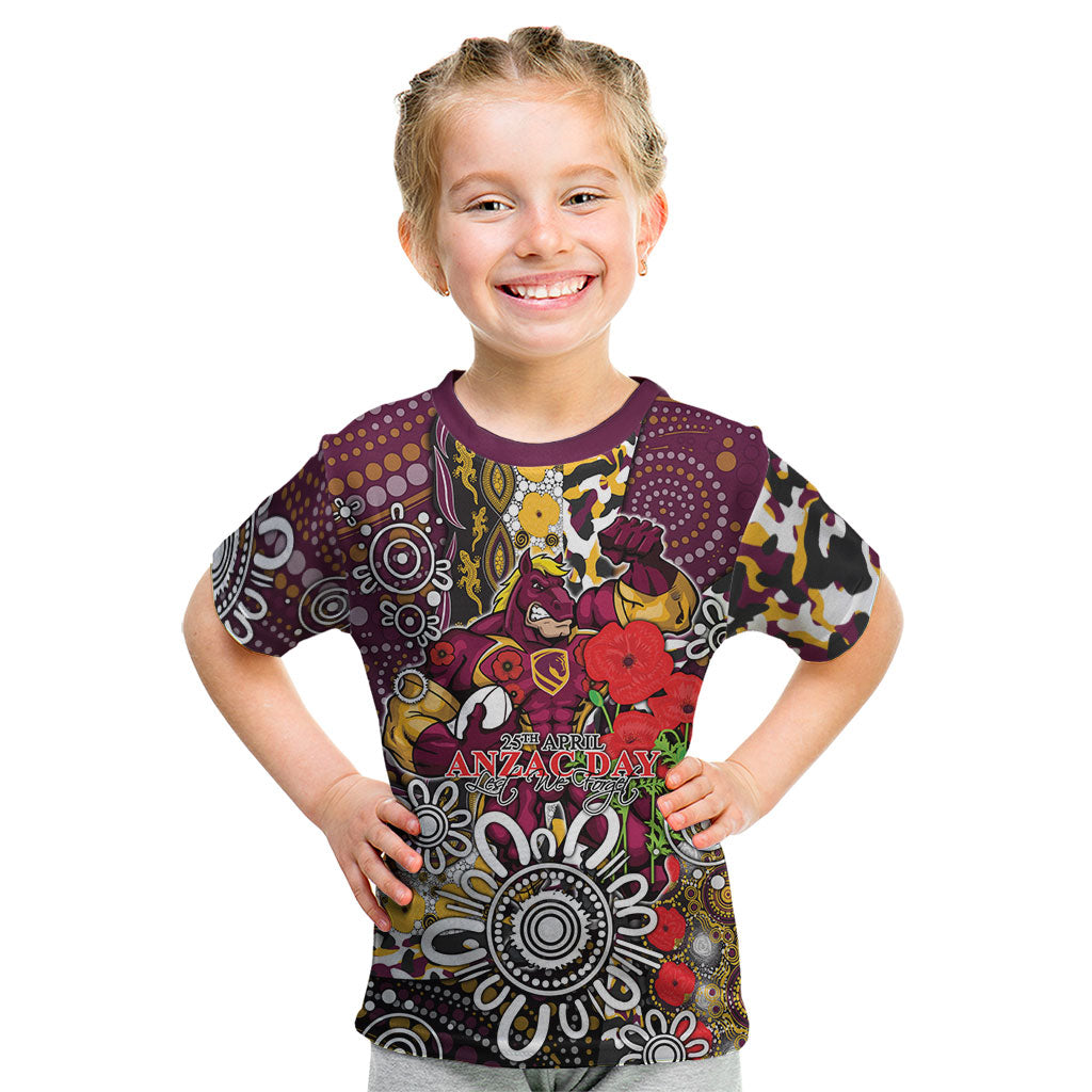 Brisbane Broncos ANZAC Day Kid T Shirt Aboriginal Poppy Remembrance Rugby - Lest We Forget