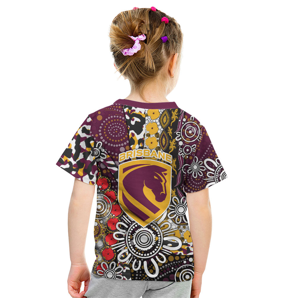 Brisbane Broncos ANZAC Day Kid T Shirt Aboriginal Poppy Remembrance Rugby - Lest We Forget