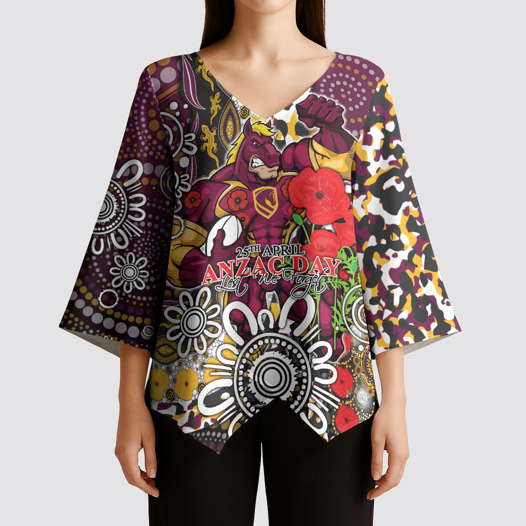 Brisbane Broncos ANZAC Day Kimono Sleeve Blouse Aboriginal Poppy Remembrance Rugby - Lest We Forget