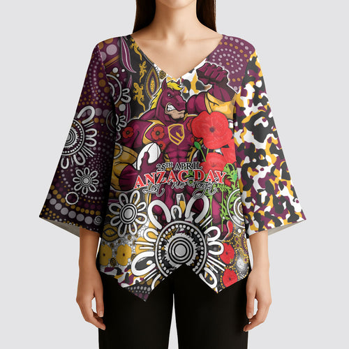 Brisbane Broncos ANZAC Day Kimono Sleeve Blouse Aboriginal Poppy Remembrance Rugby - Lest We Forget