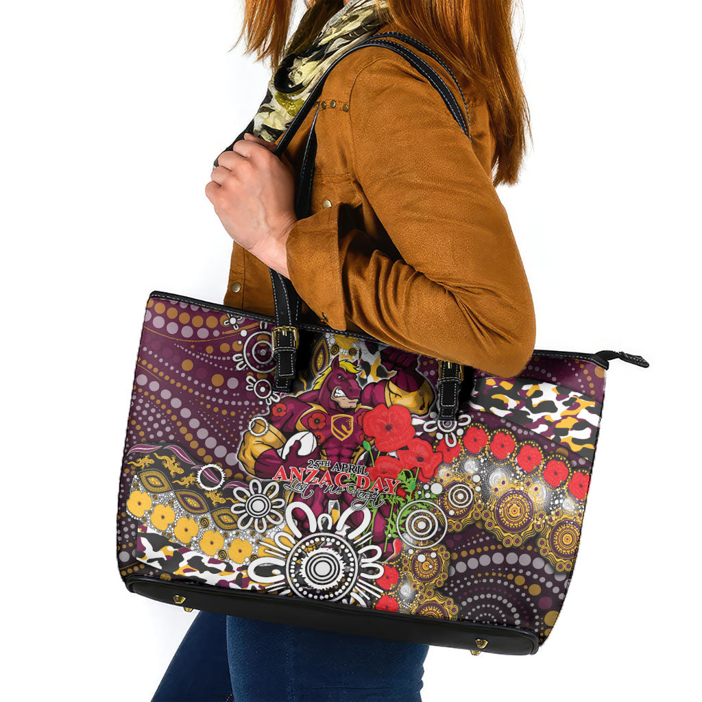 Brisbane Broncos ANZAC Day Leather Tote Bag Aboriginal Poppy Remembrance Rugby - Lest We Forget