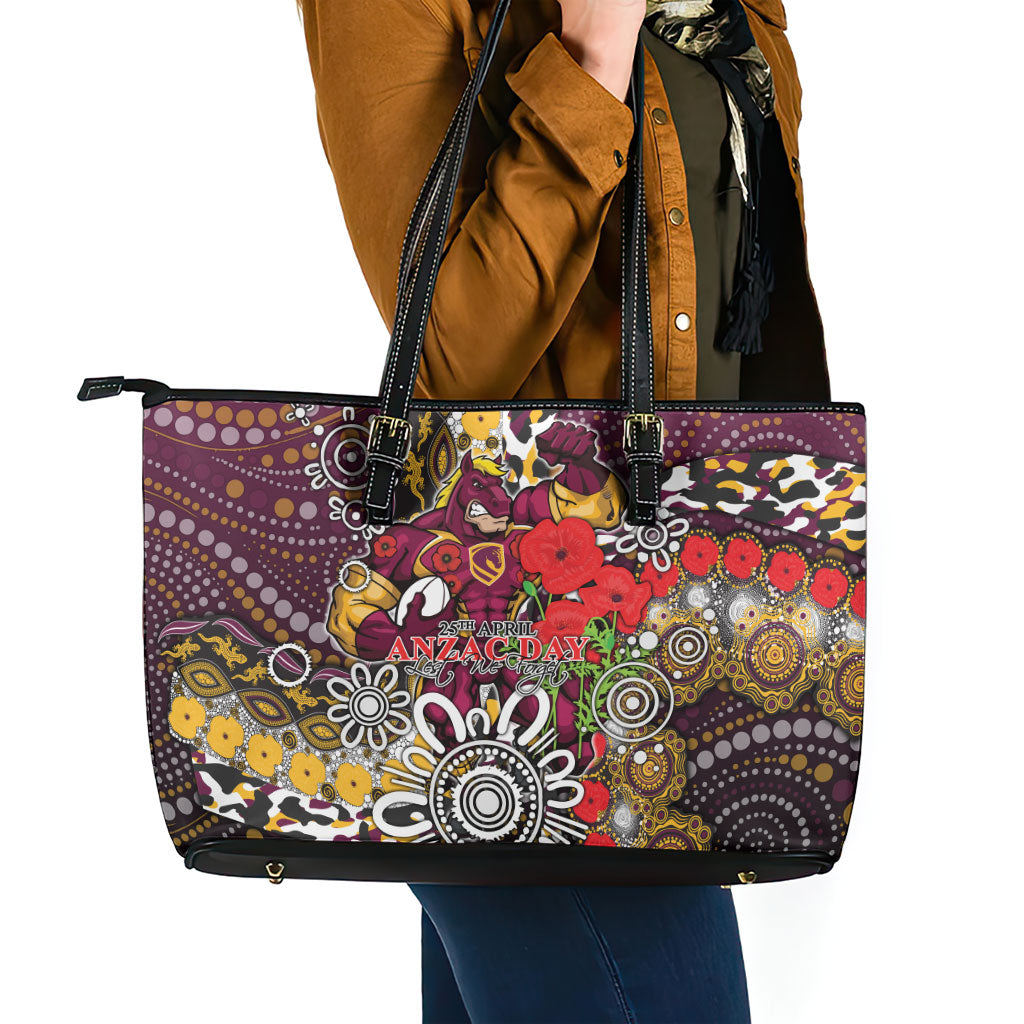 Brisbane Broncos ANZAC Day Leather Tote Bag Aboriginal Poppy Remembrance Rugby - Lest We Forget