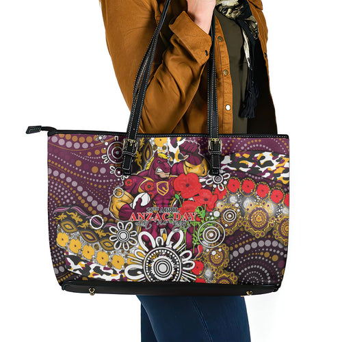 Brisbane Broncos ANZAC Day Leather Tote Bag Aboriginal Poppy Remembrance Rugby - Lest We Forget
