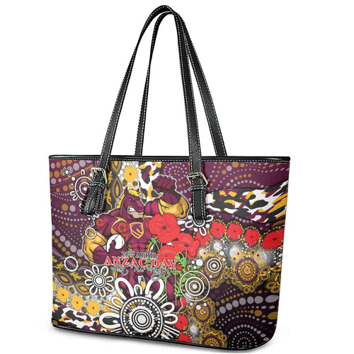 Brisbane Broncos ANZAC Day Leather Tote Bag Aboriginal Poppy Remembrance Rugby - Lest We Forget