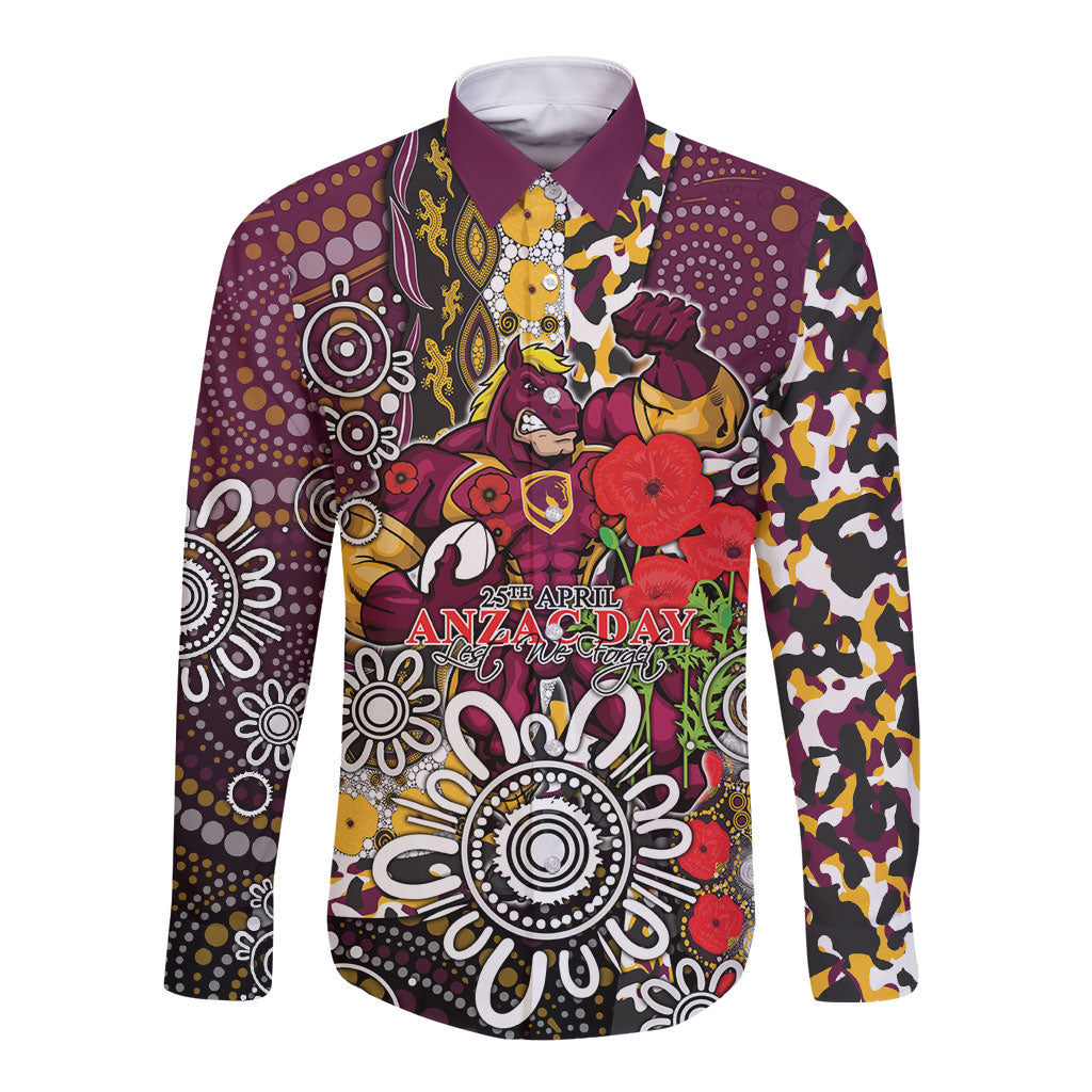 Brisbane Broncos ANZAC Day Long Sleeve Button Shirt Aboriginal Poppy Remembrance Rugby - Lest We Forget