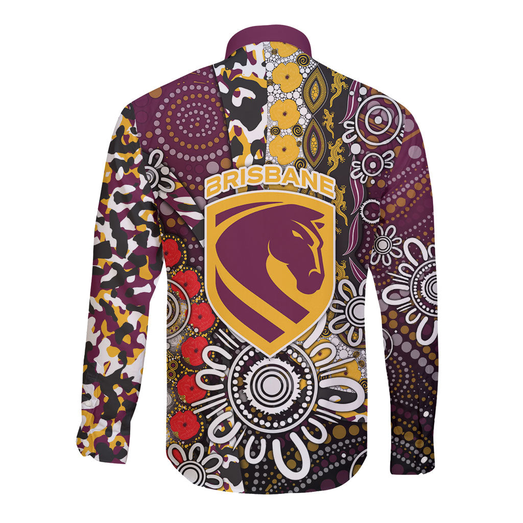 Brisbane Broncos ANZAC Day Long Sleeve Button Shirt Aboriginal Poppy Remembrance Rugby - Lest We Forget