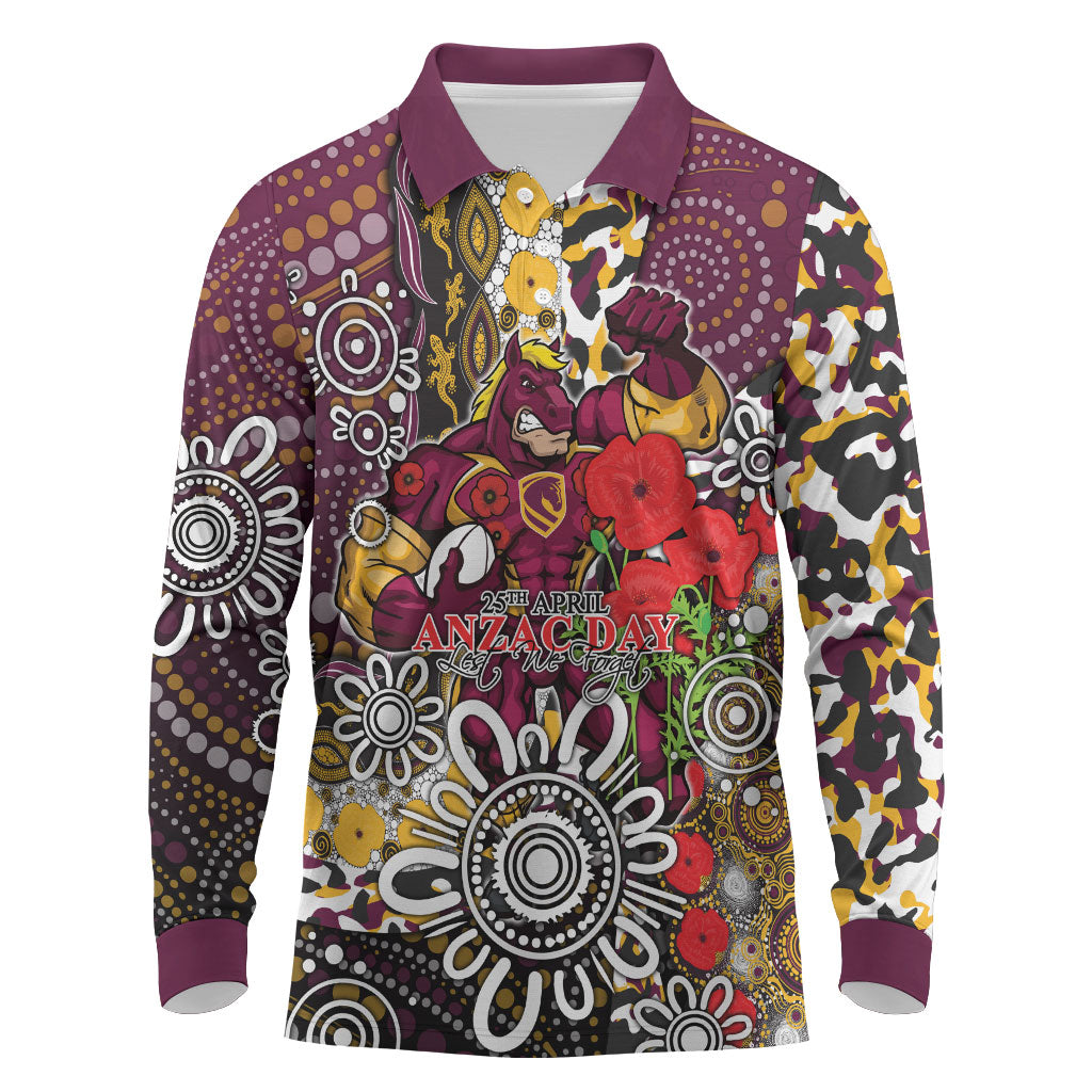 Brisbane Broncos ANZAC Day Long Sleeve Polo Shirt Aboriginal Poppy Remembrance Rugby - Lest We Forget