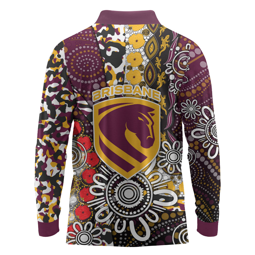 Brisbane Broncos ANZAC Day Long Sleeve Polo Shirt Aboriginal Poppy Remembrance Rugby - Lest We Forget