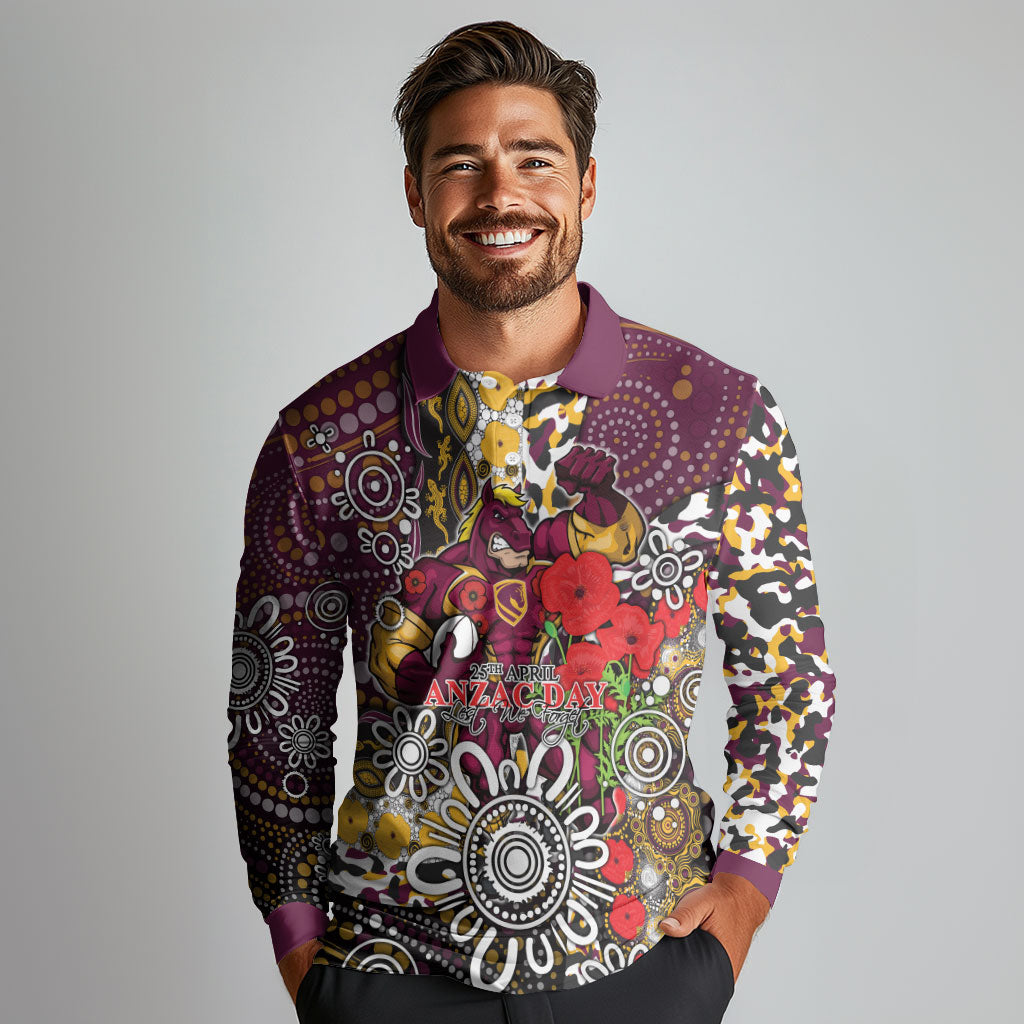 Brisbane Broncos ANZAC Day Long Sleeve Polo Shirt Aboriginal Poppy Remembrance Rugby - Lest We Forget